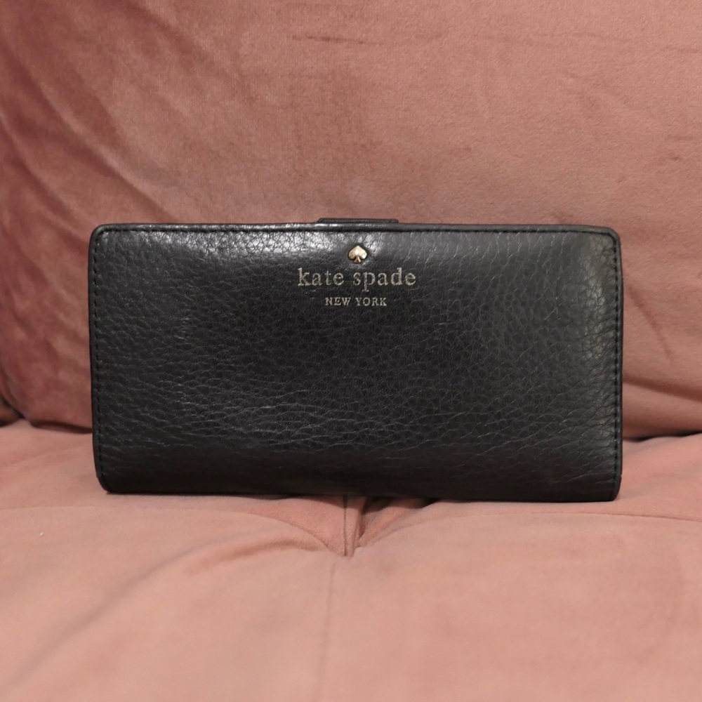 Kate Spade NY black pebble leather wallet bifold used gold pebbled snap